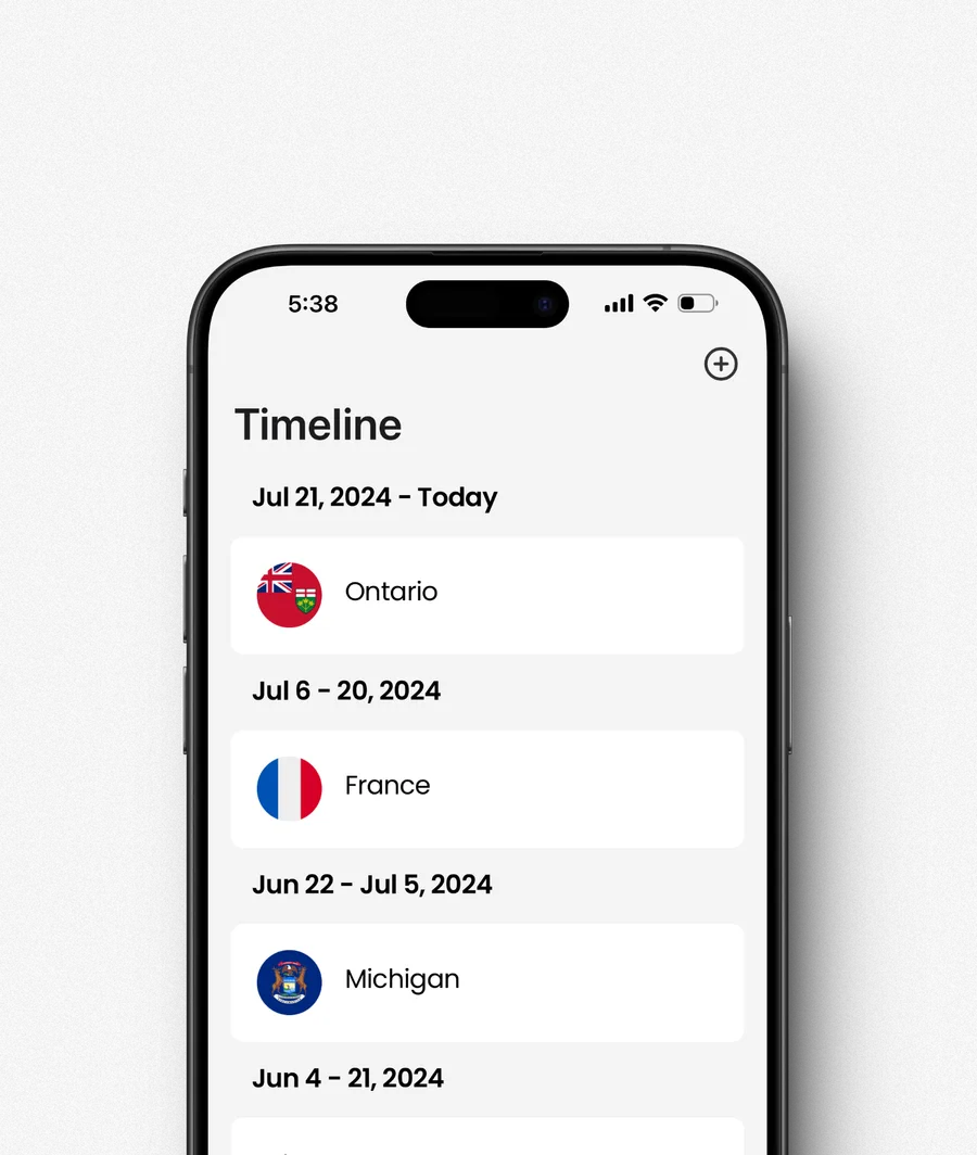 Day31 timeline listing dated stays in Ontario, France, and Michigan