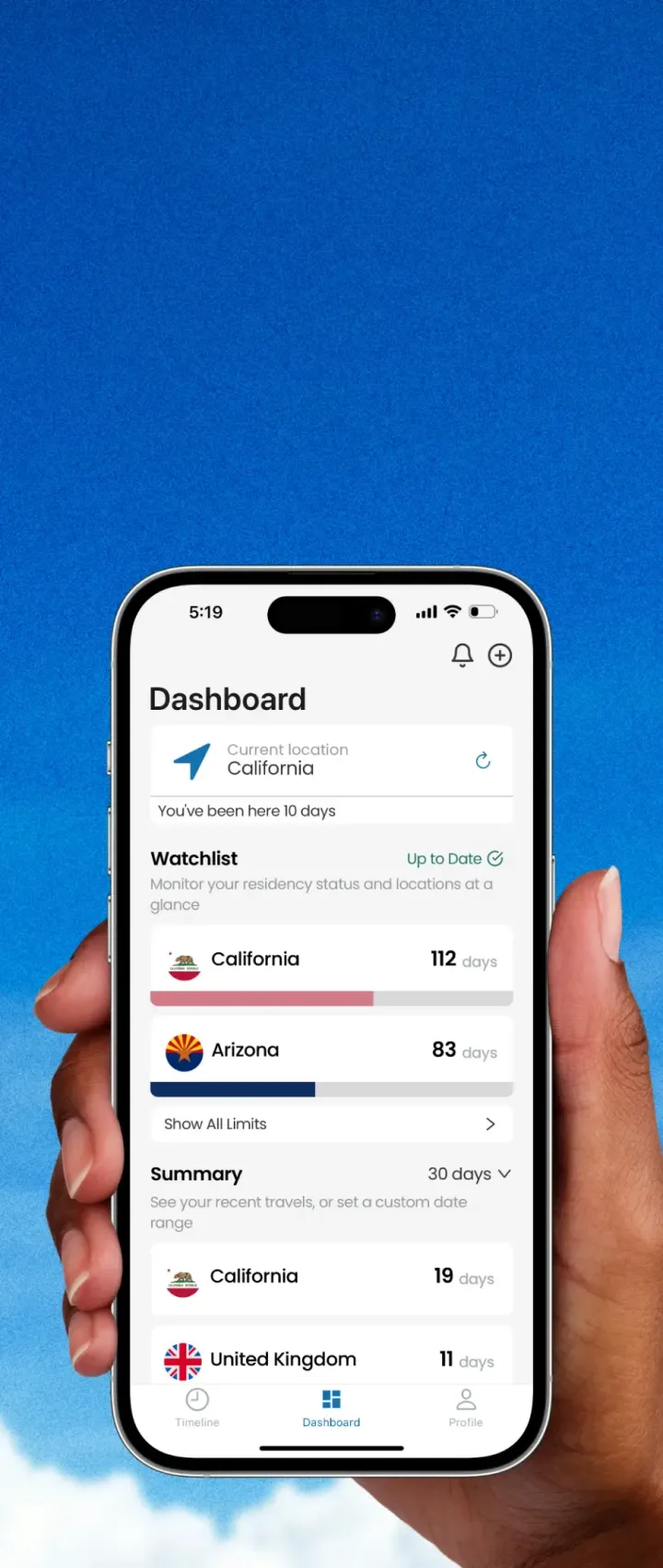 Day31 dashboard showing the current location, watchlist day limits, and a summary of recent travels