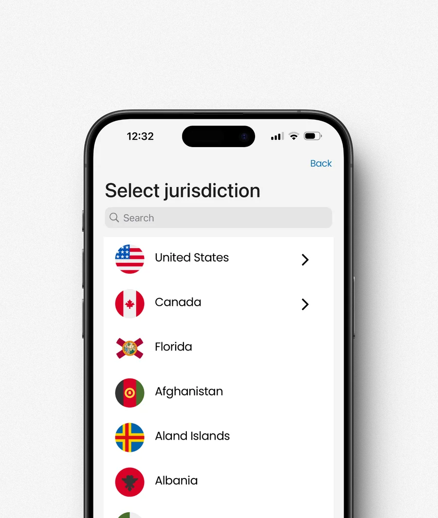 Day31 jurisdiction picker listing the United States, Canada, Florida, and countries